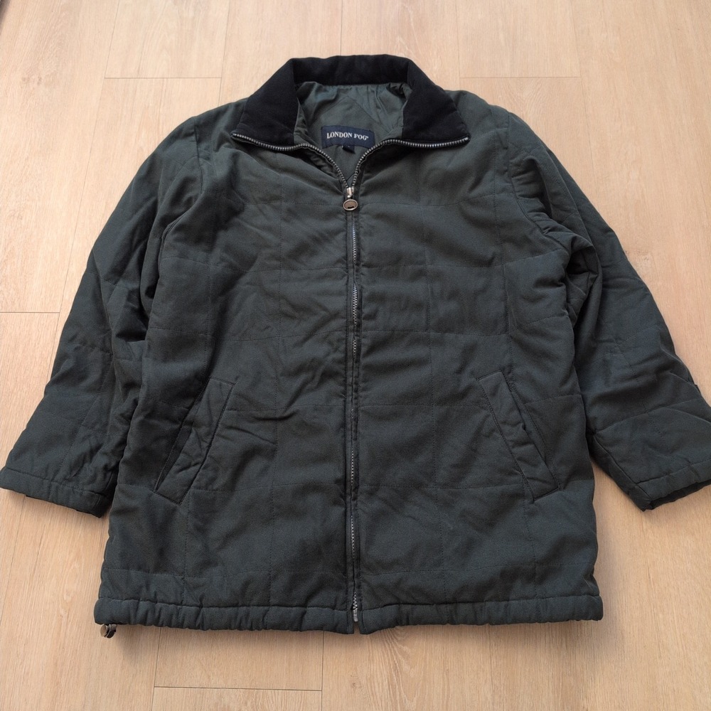 London Fog Mens Small Quilted Jacket Forest Green Corduroy Collar Full Zip